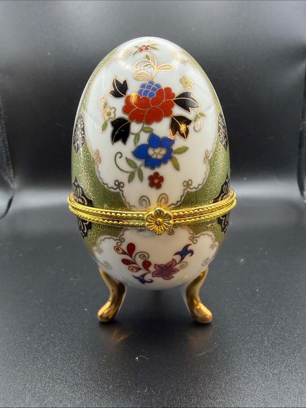 Vintage Decorative Porcelain Floral Egg Trinket Box - Green, Red, Blue, Gold